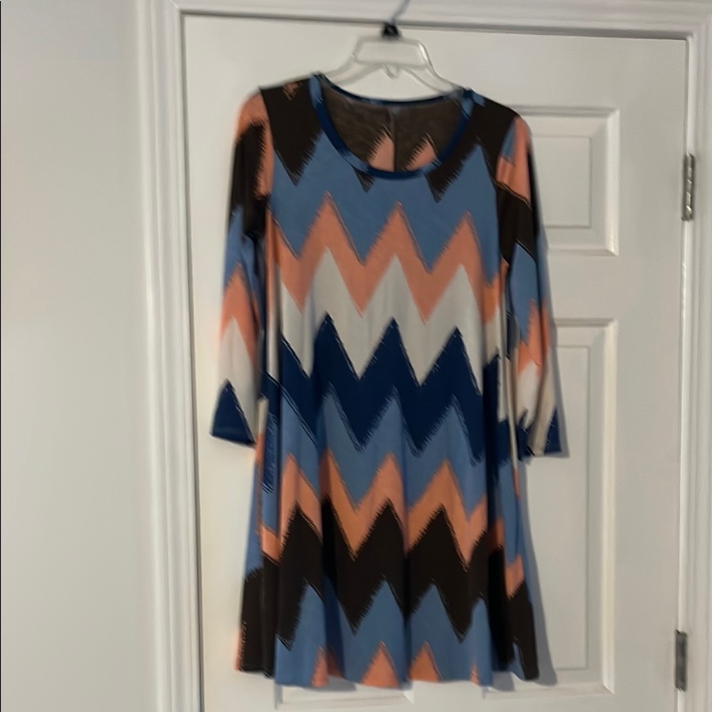 Chevron Patterned Dress - Blue, Peach, Brown